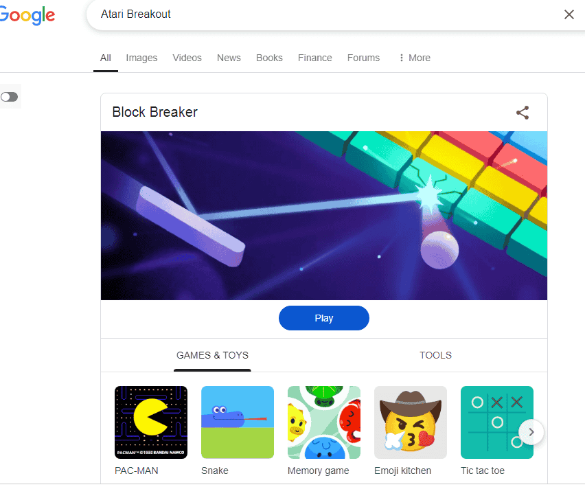 Gameplay of Google's Atari Breakout Doodle, showing image thumbnails as bricks and a paddle at the bottom